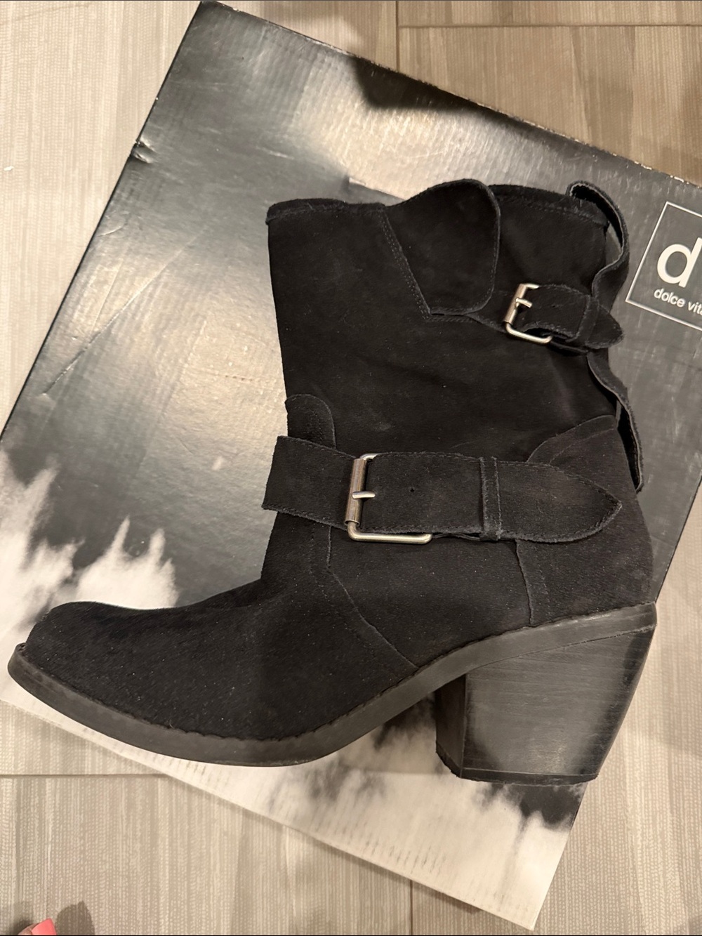 Dolce Vita Black Suede Buckled Mid-Calf Heeled Boots